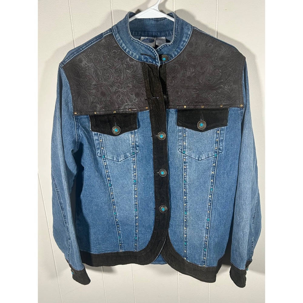 Vintage Southwestern Denim Jacket Suede Trim Embossed Yoke Turquoise Buttons